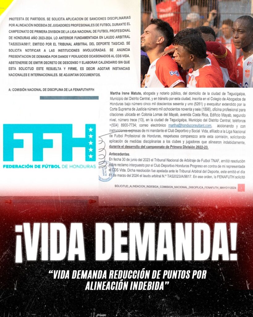 Vida presenta demanda ante la Comisión de Disciplina por alineación indebida de tres jugadores.
