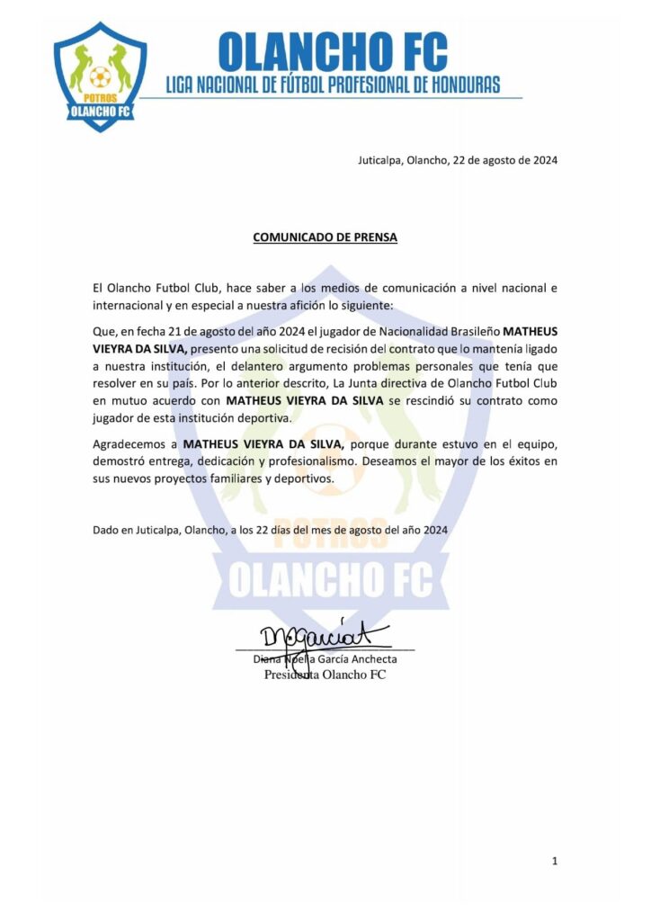 Delantero brasileño Matheus Da Silva ya no forma parte del Olancho FC