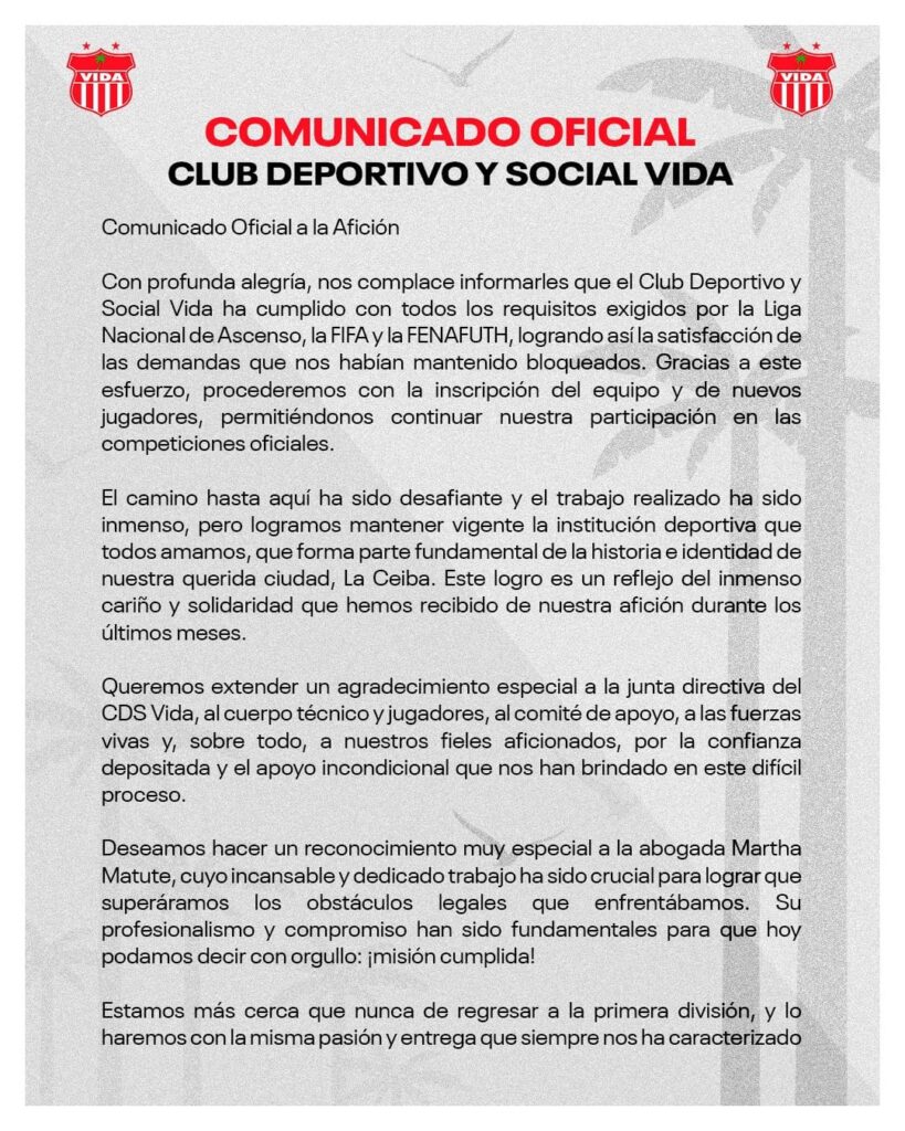 Vida cumple con demandas y es desbloqueado por FIFA para que participe en Liga de Ascenso