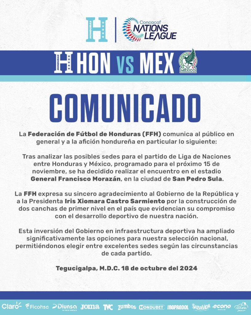 Oficializan hora del partido de Honduras ante México en el estadio Morazán