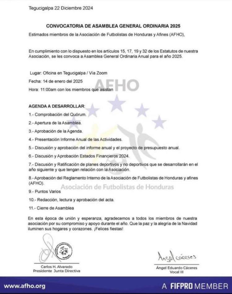 Asociación de Futbolistas de Honduras convoca a Asamblea Ordinaria 2025