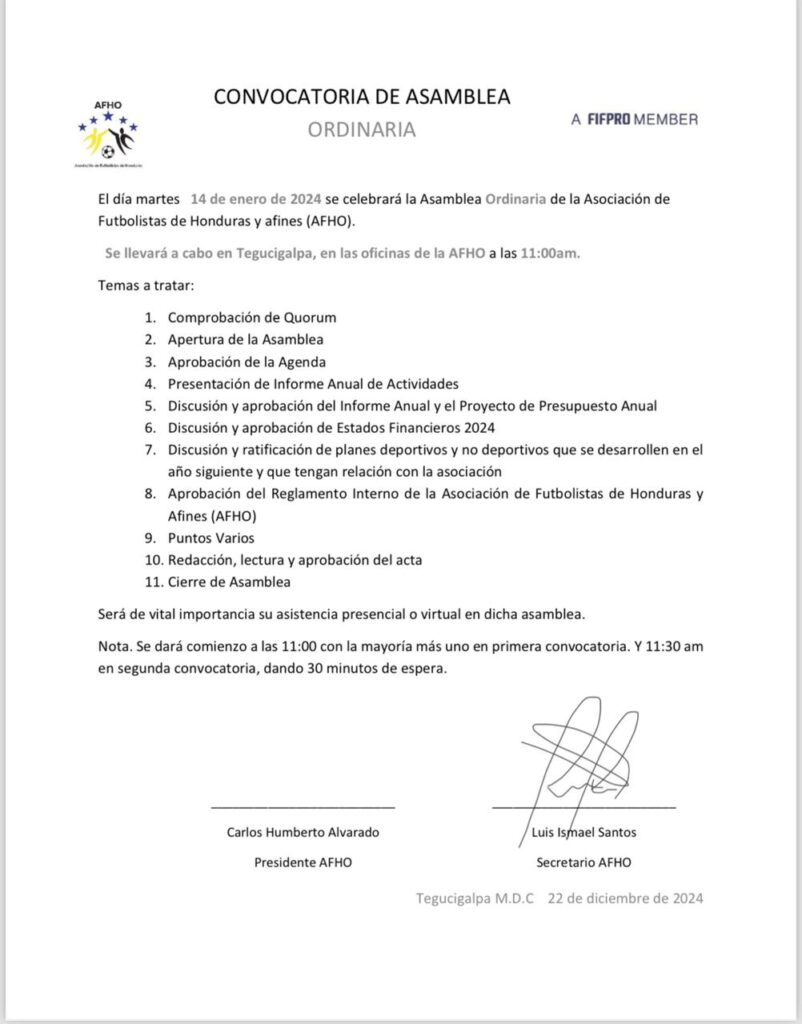 Asociación de Futbolistas de Honduras convoca a Asamblea Ordinaria 2025