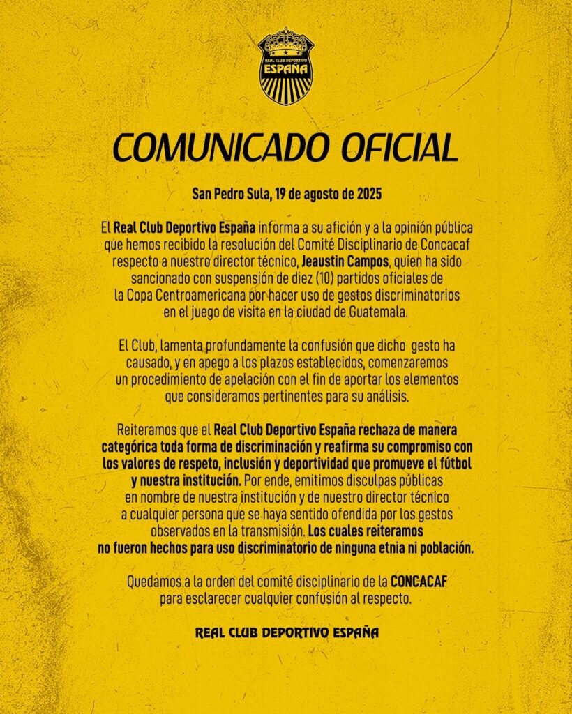 Real España apelará ante Concacaf sanción a Jeaustin Campos
