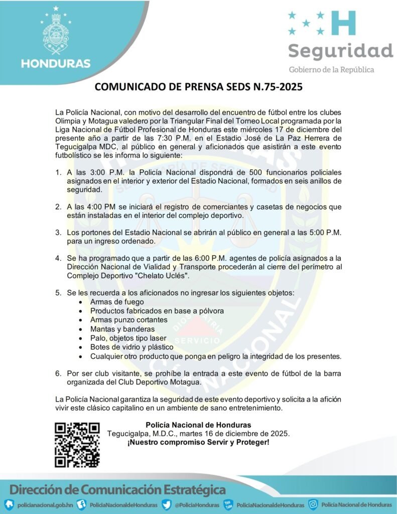 Cierre de calles y más de 500 efectivos policiales anuncian para el Clásico entre Olimpia y Motagua