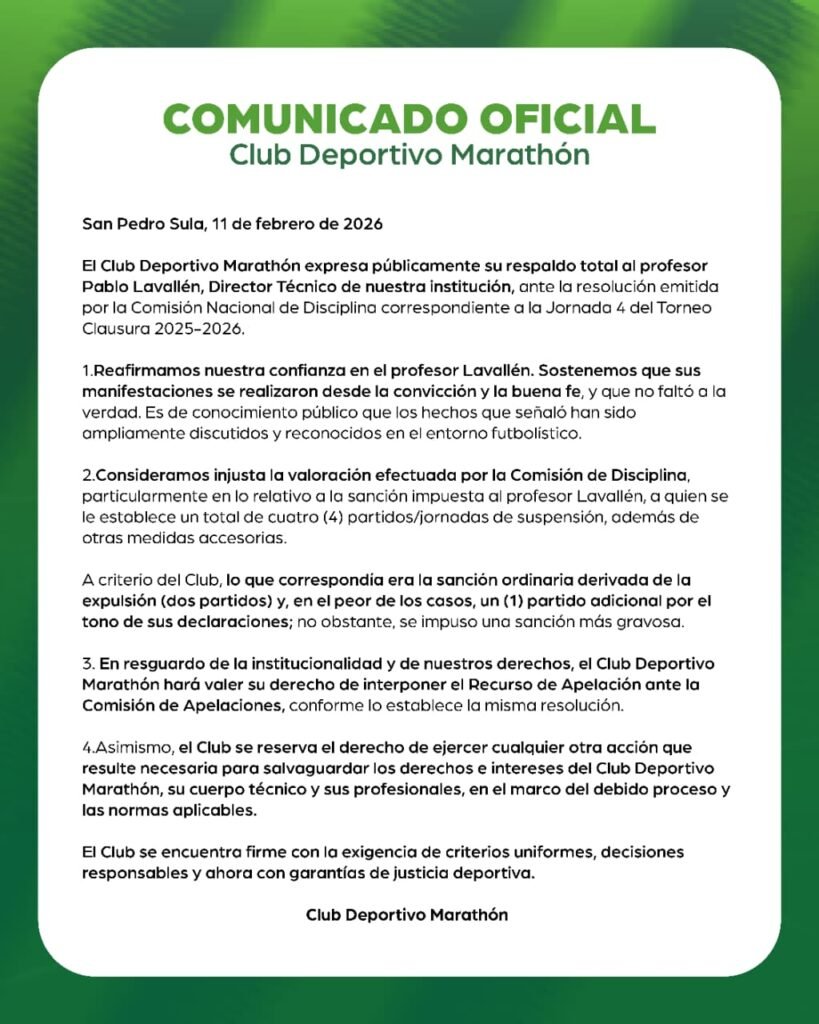 Marathón respalda a Pablo Lavallén tras fuerte castigo