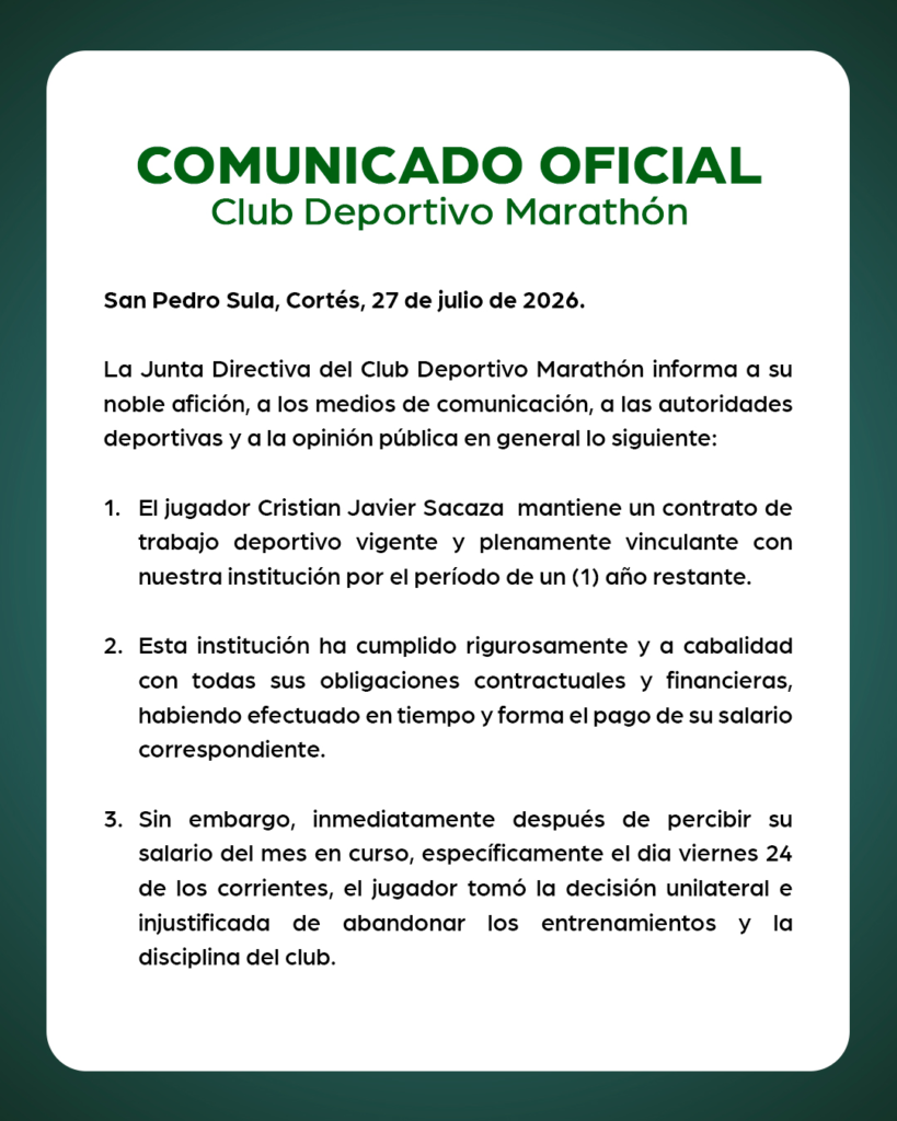 Marathón demandará a Cristian Sacaza por abandono de trabajo