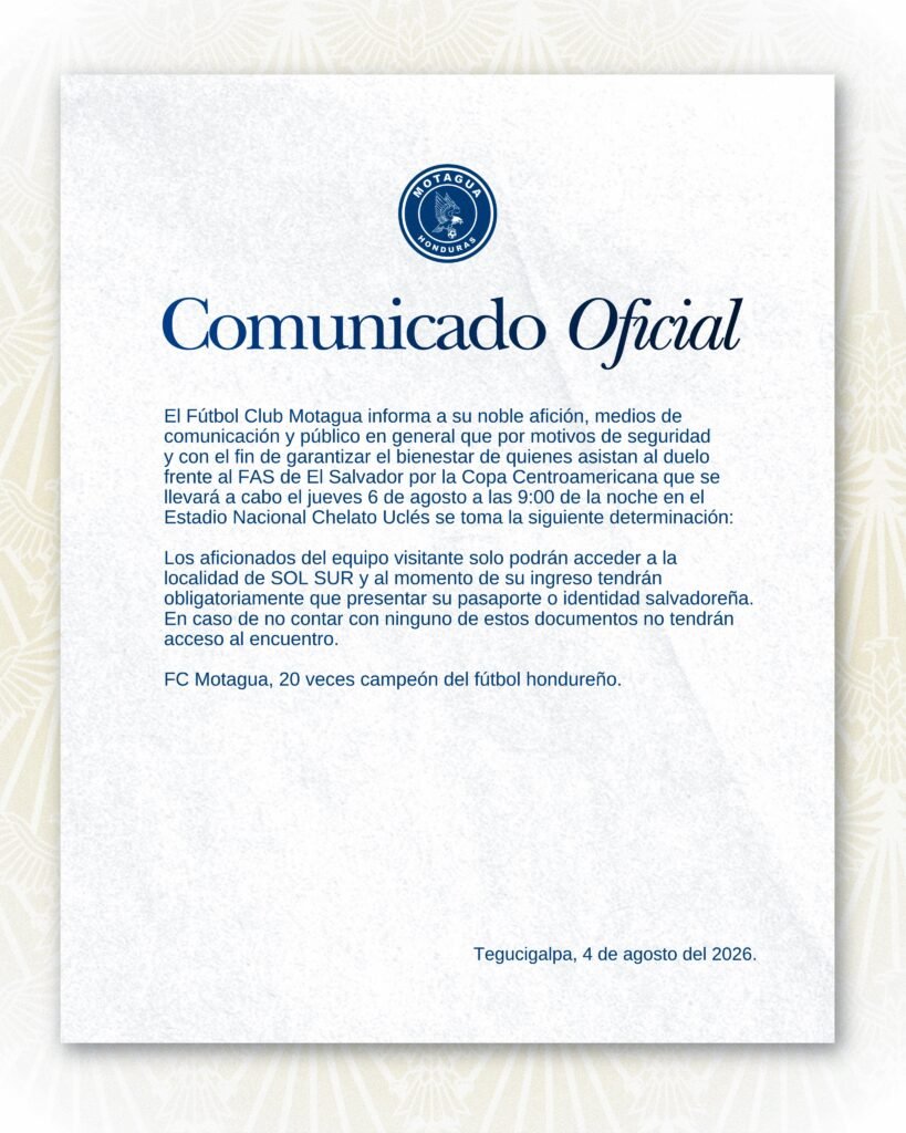Motagua anuncia que hinchas del FAS solo podrán entrar a Sol Sur y con pasaporte o DNI salvadoreño